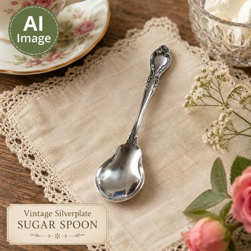 Vintage 70s Lyons Queens Fancy Sugar Spoon Stainless Steel 6" Satin Black Accent
